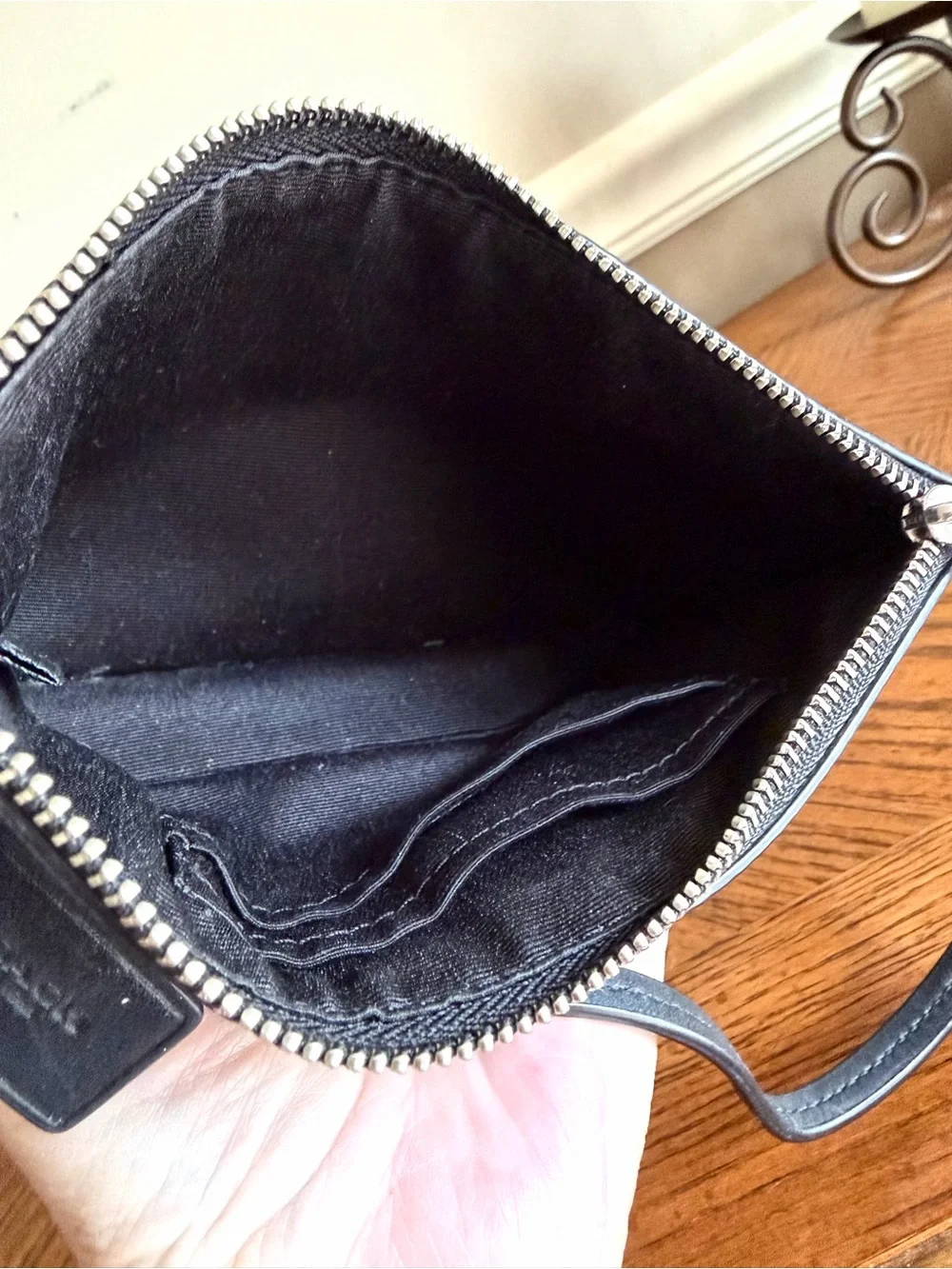Coach Black Glitter Wristlet Clutch with Silver Logo, strap and hangtag EUC